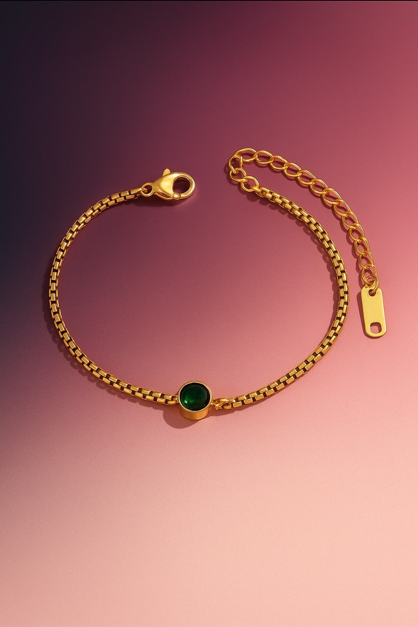 Emerald green cubic zirconia venitian box chain bracelet gold