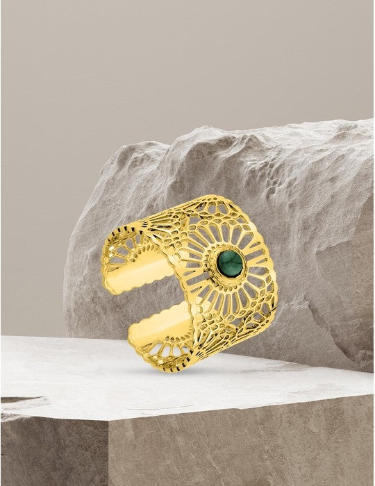 Gold Plated Steel Cuff Ring and Synthetic Malachite