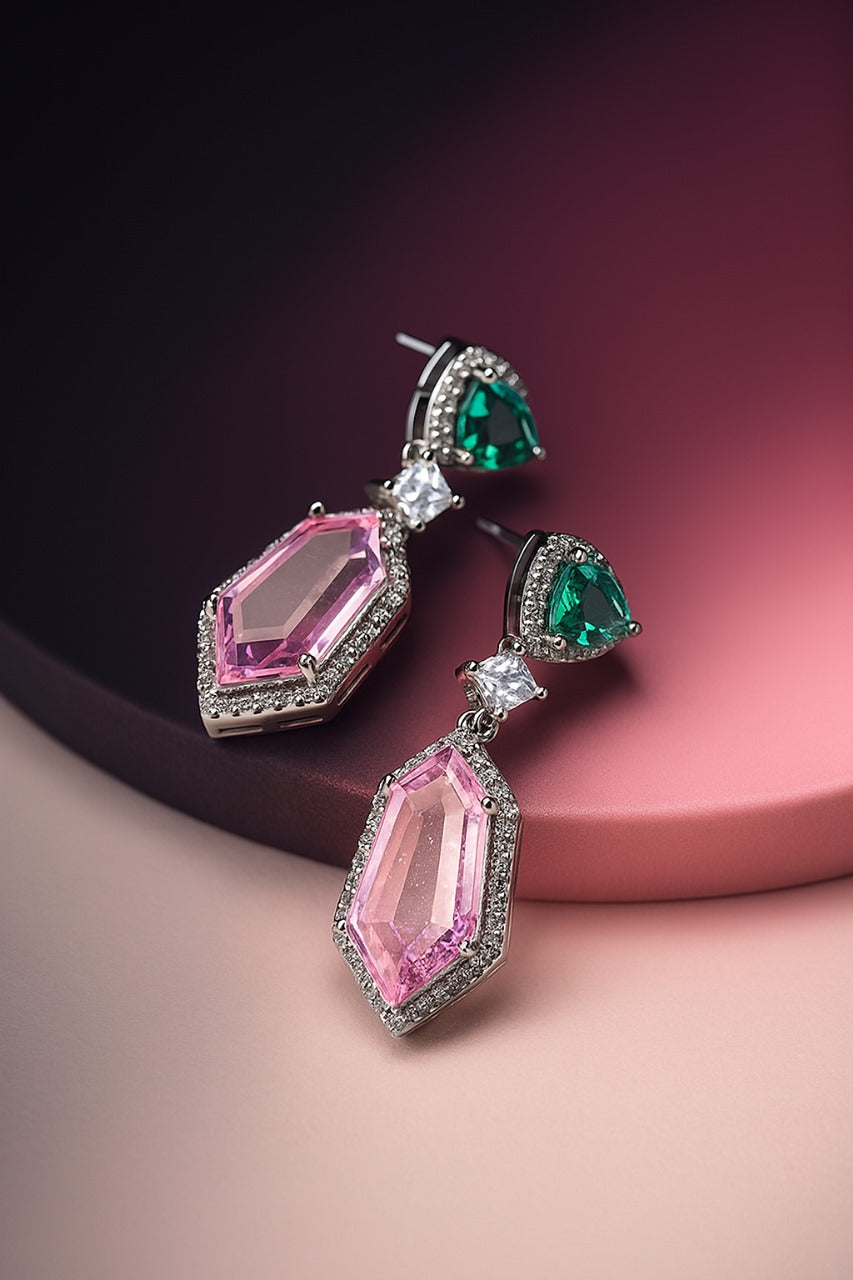 Emerald And Pink Cubic Zirconium Drop Earrings