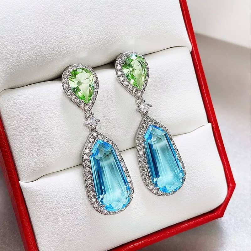 Platinum Plated Green With Light Blue  Earrings
