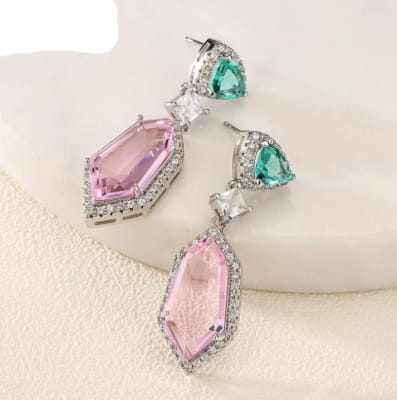 Emerald And Pink Cubic Zirconium Drop Earrings