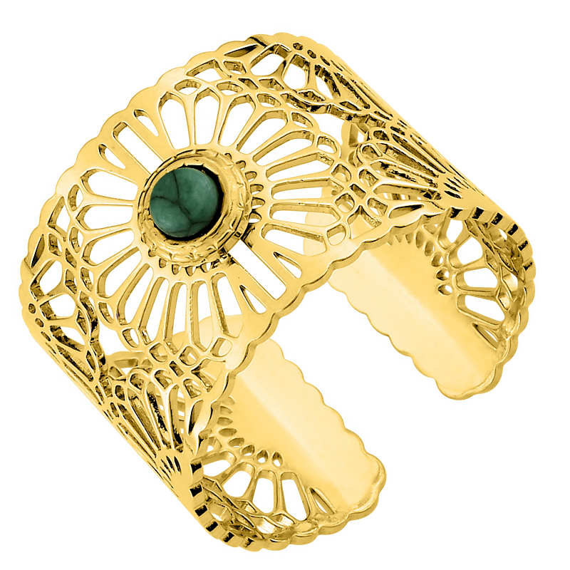 Gold Plated Steel Cuff Ring and Synthetic Malachite